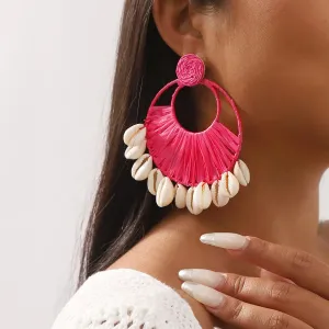 1 Pair Ethnic Style Beach Color Block Braid raffia Shell Drop Earrings
