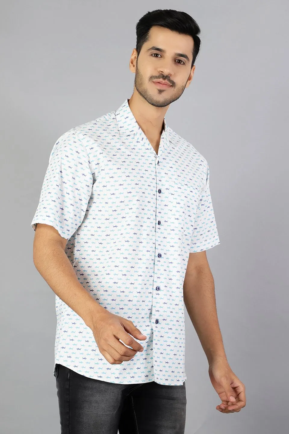 100% Premium Cotton White Printed Shirt
