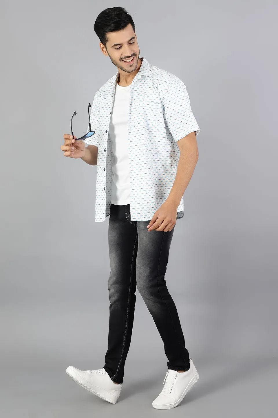 100% Premium Cotton White Printed Shirt