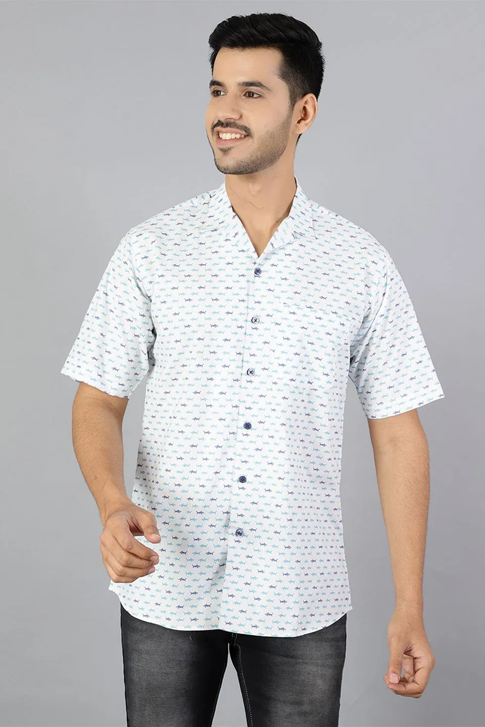 100% Premium Cotton White Printed Shirt