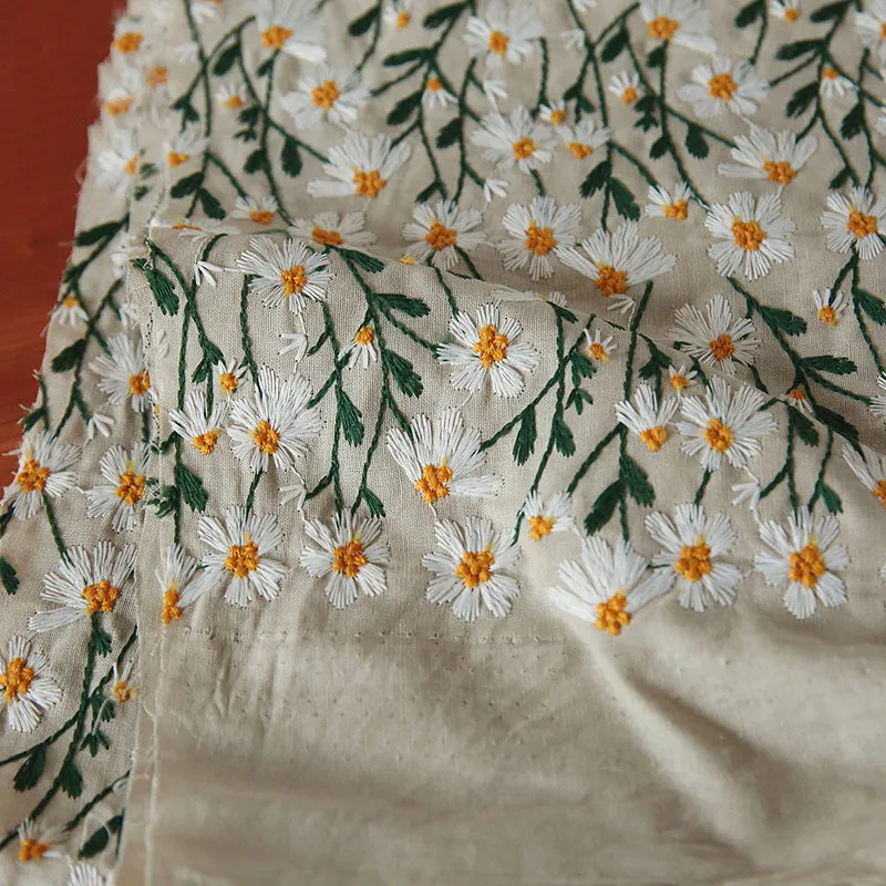 140cm Width x 95cm Length Premium Daisy Flower Embroidery Cotton Linen Fabric