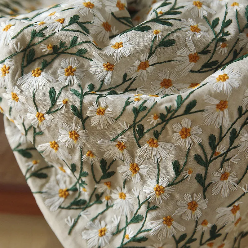 140cm Width x 95cm Length Premium Daisy Flower Embroidery Cotton Linen Fabric