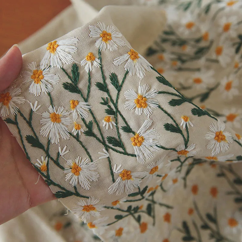 140cm Width x 95cm Length Premium Daisy Flower Embroidery Cotton Linen Fabric