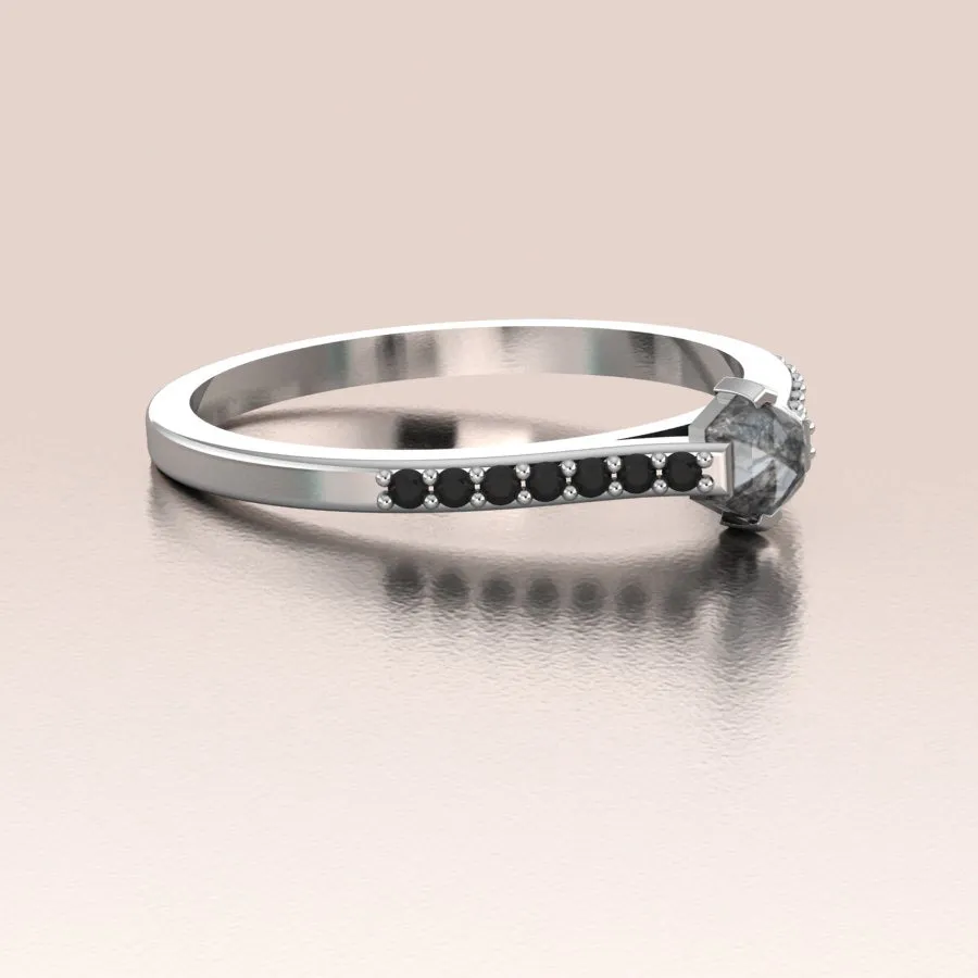 14K Gold Unique Salt and Pepper Hexagon Diamond Ring