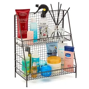 2-Tier Organizer Rack, Ezoware Wire Basket Storage Container Countertop Shelf For Kitchenware Bathroom Cans Foods Spice Office And More - Rustic Brown