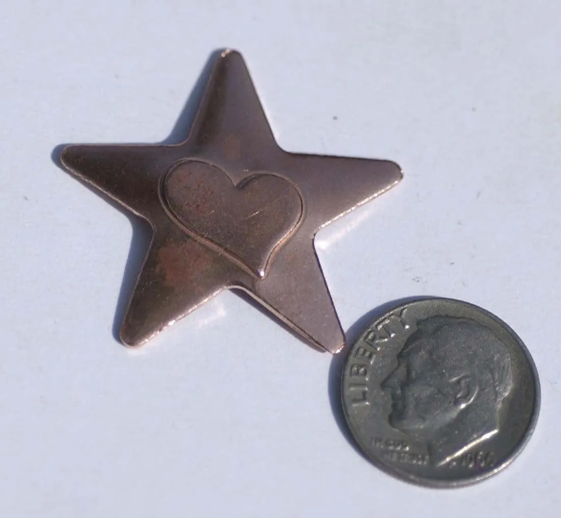 31mm Star with Heart Embossed Blank Cutout for Enameling Stamping Texturing Metalworking Jewelry Making Blanks - 4 pieces
