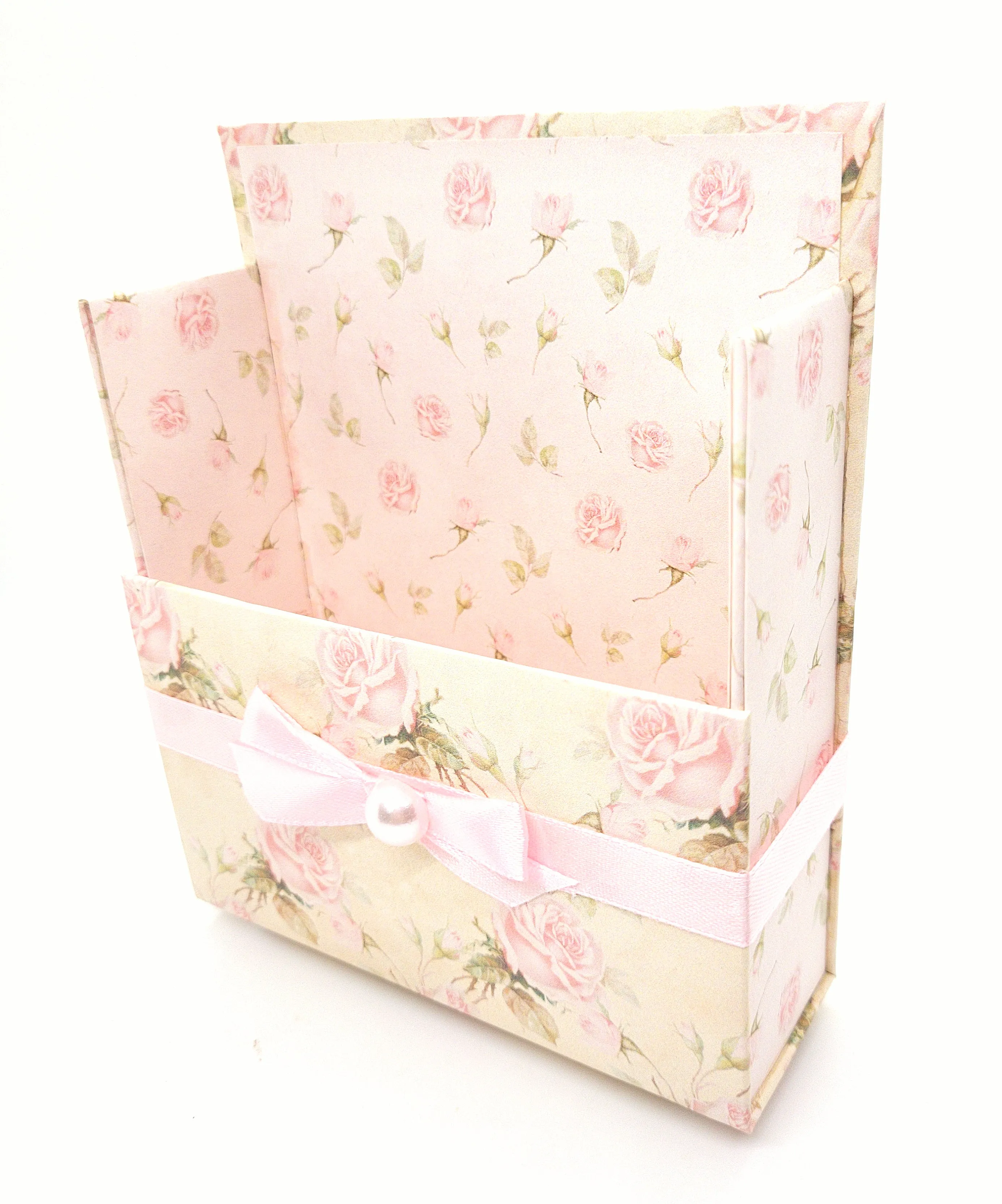 42-Pc Stationery Gift Box Set w/Reusable Desktop Organizer Box and Gold Pen - Shabby Chic Pink Roses