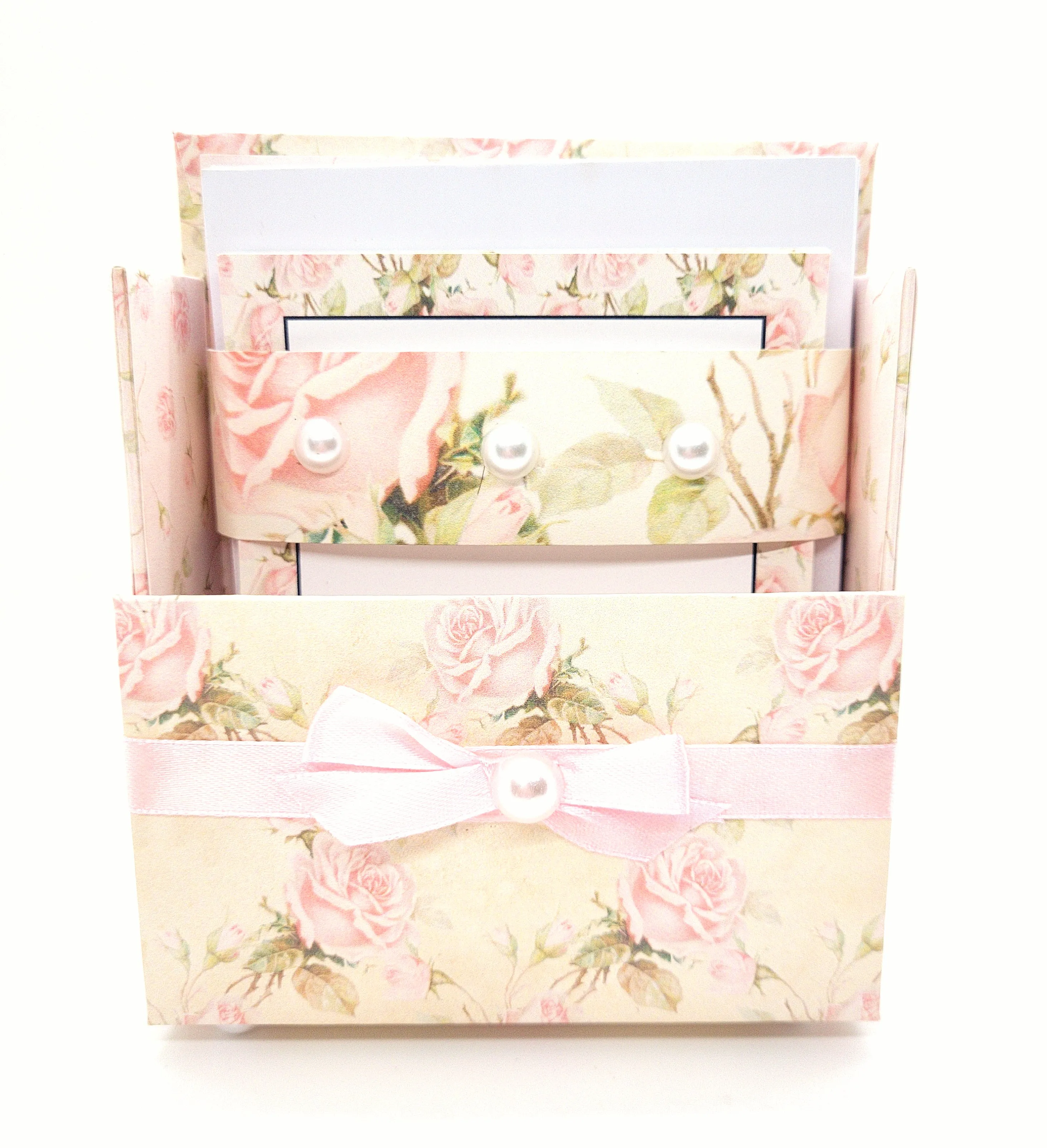 42-Pc Stationery Gift Box Set w/Reusable Desktop Organizer Box and Gold Pen - Shabby Chic Pink Roses