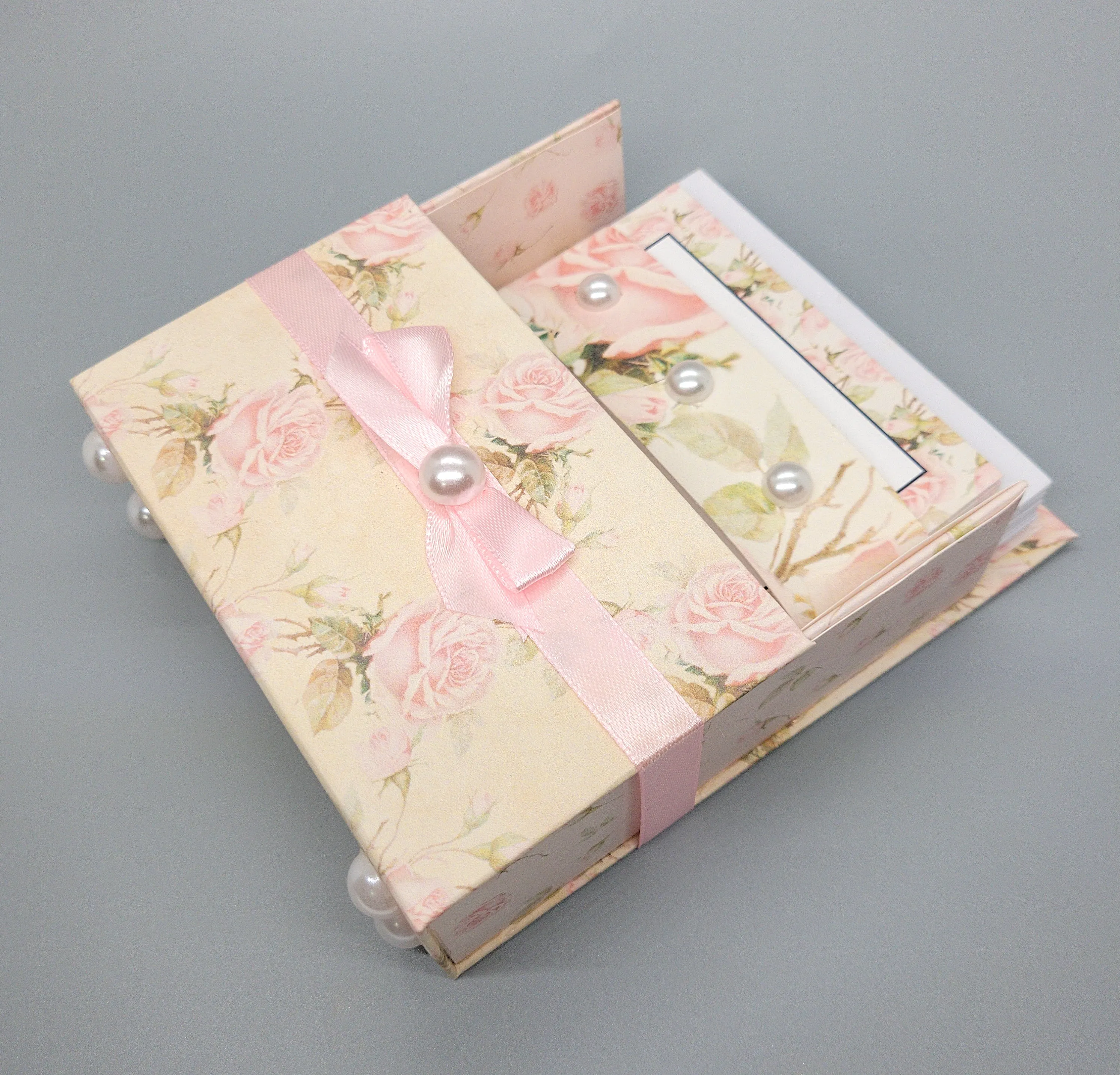 42-Pc Stationery Gift Box Set w/Reusable Desktop Organizer Box and Gold Pen - Shabby Chic Pink Roses