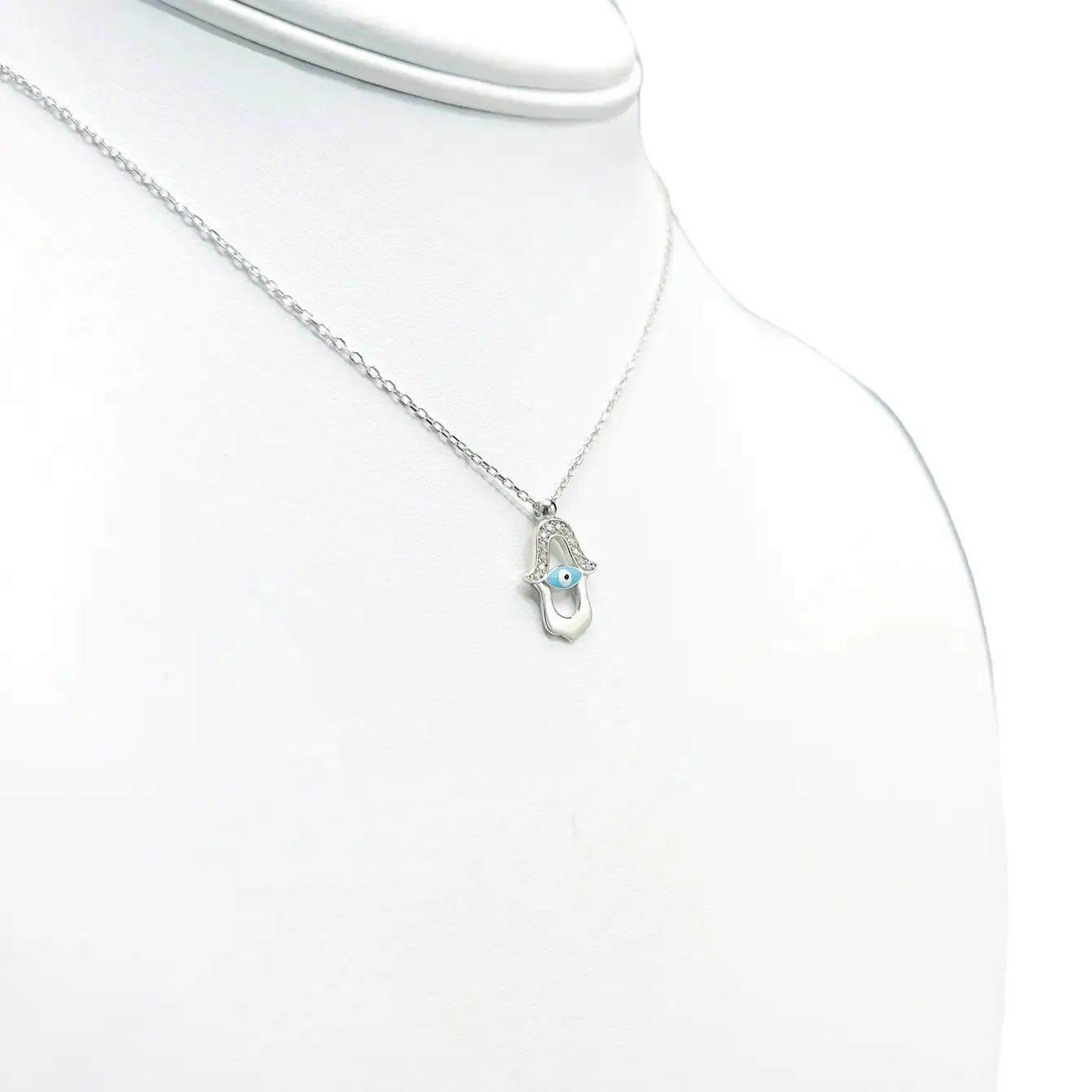 925 Sterling Silver Hamsa Blue Evil Eye Necklace