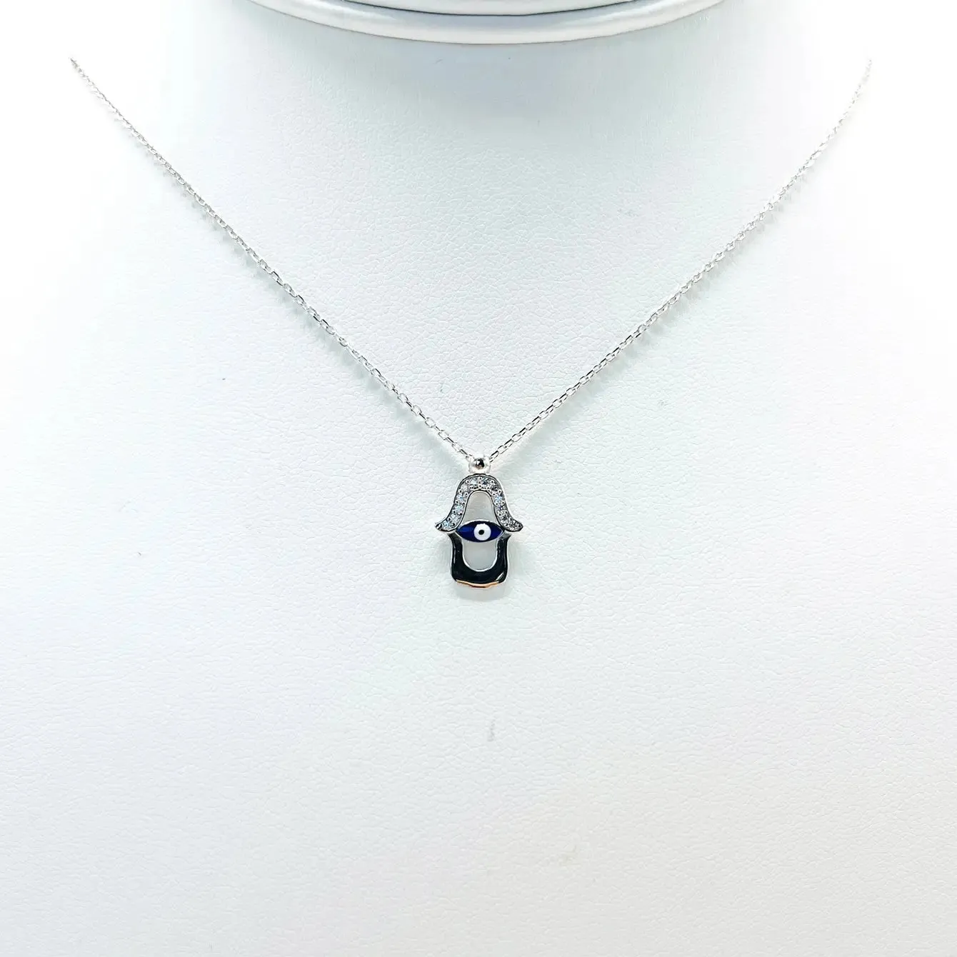925 Sterling Silver Hamsa Navy Evil Eye Necklace