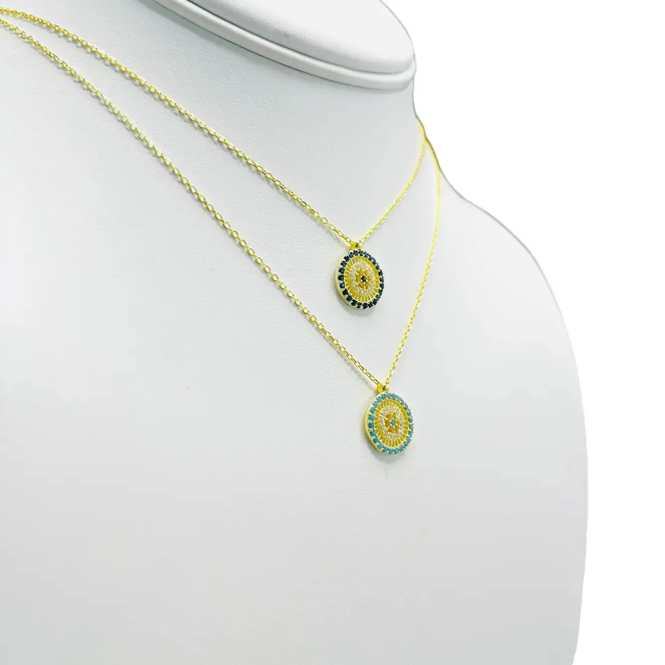 925 Sterling Silver - Round Golden Plated Evileye Necklace