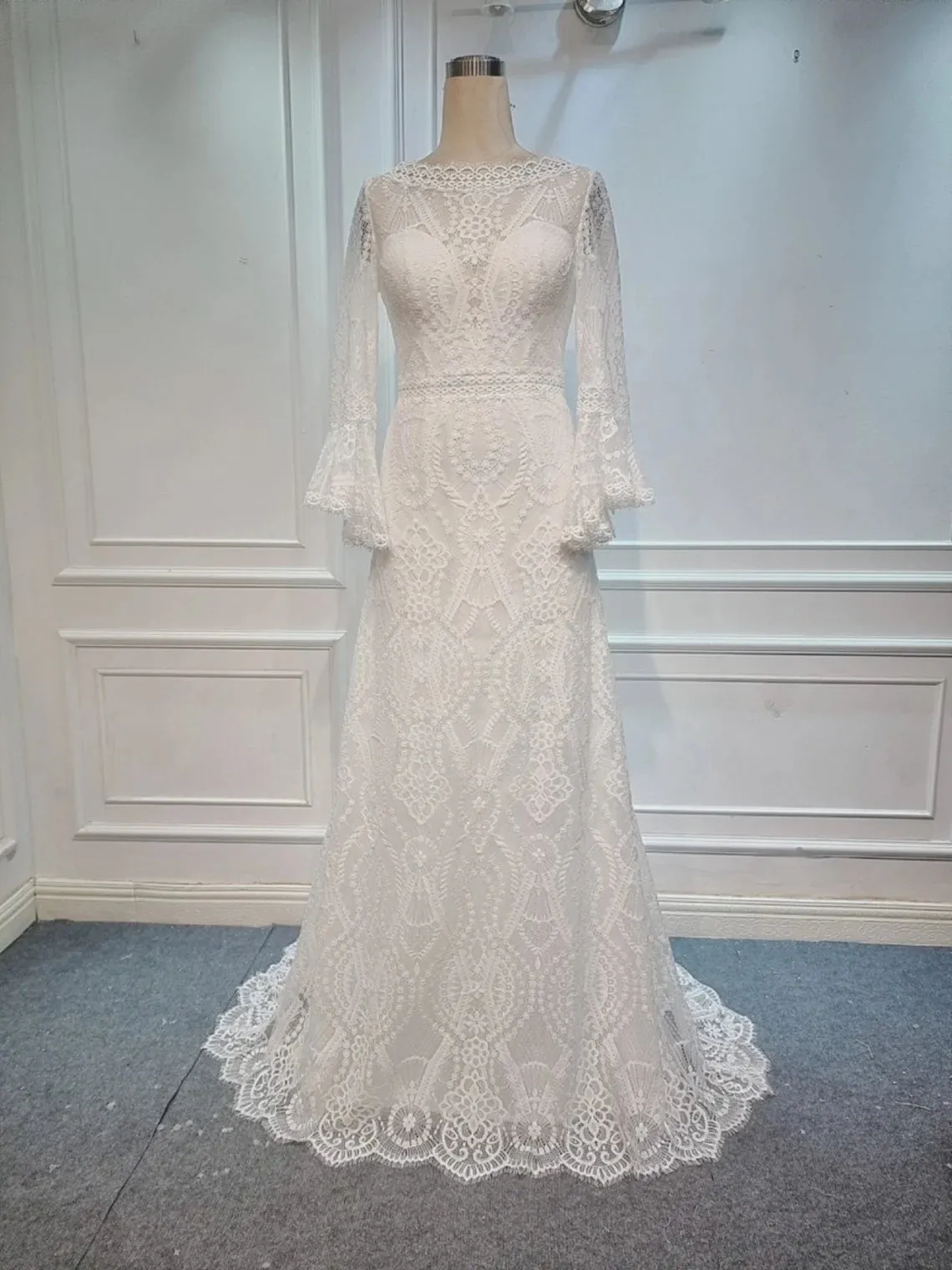 A-line Flounce Sleeve Open Back Floor Length Lace Boho Wedding Dress