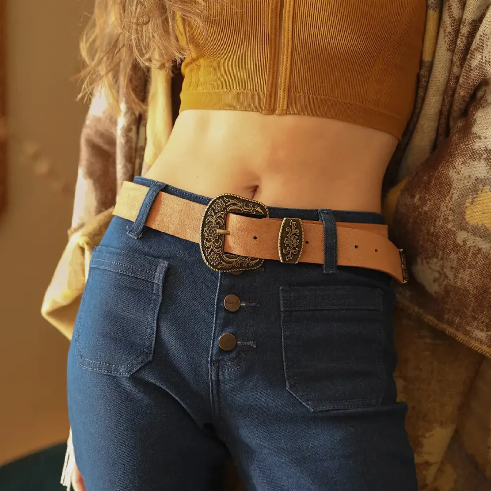Antique Gold Boho Western Belt Camel One Size Fits All