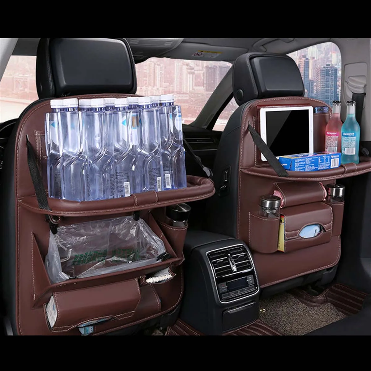 Backseat Organizer With Tablet Holder PU Leather, Custom Fit For Your Cars, Backseat Car Organizer, Car Seat Back Protectors Kick With Foldable Table Tray Car Seat Organizer, Car Accessories DE15987