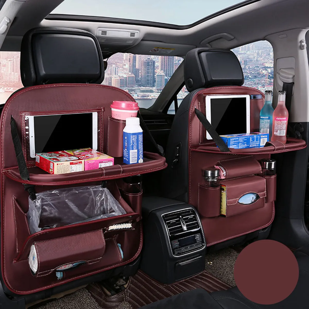 Backseat Organizer With Tablet Holder PU Leather, Custom Fit For Your Cars, Backseat Car Organizer, Car Seat Back Protectors Kick With Foldable Table Tray Car Seat Organizer, Car Accessories DE15987