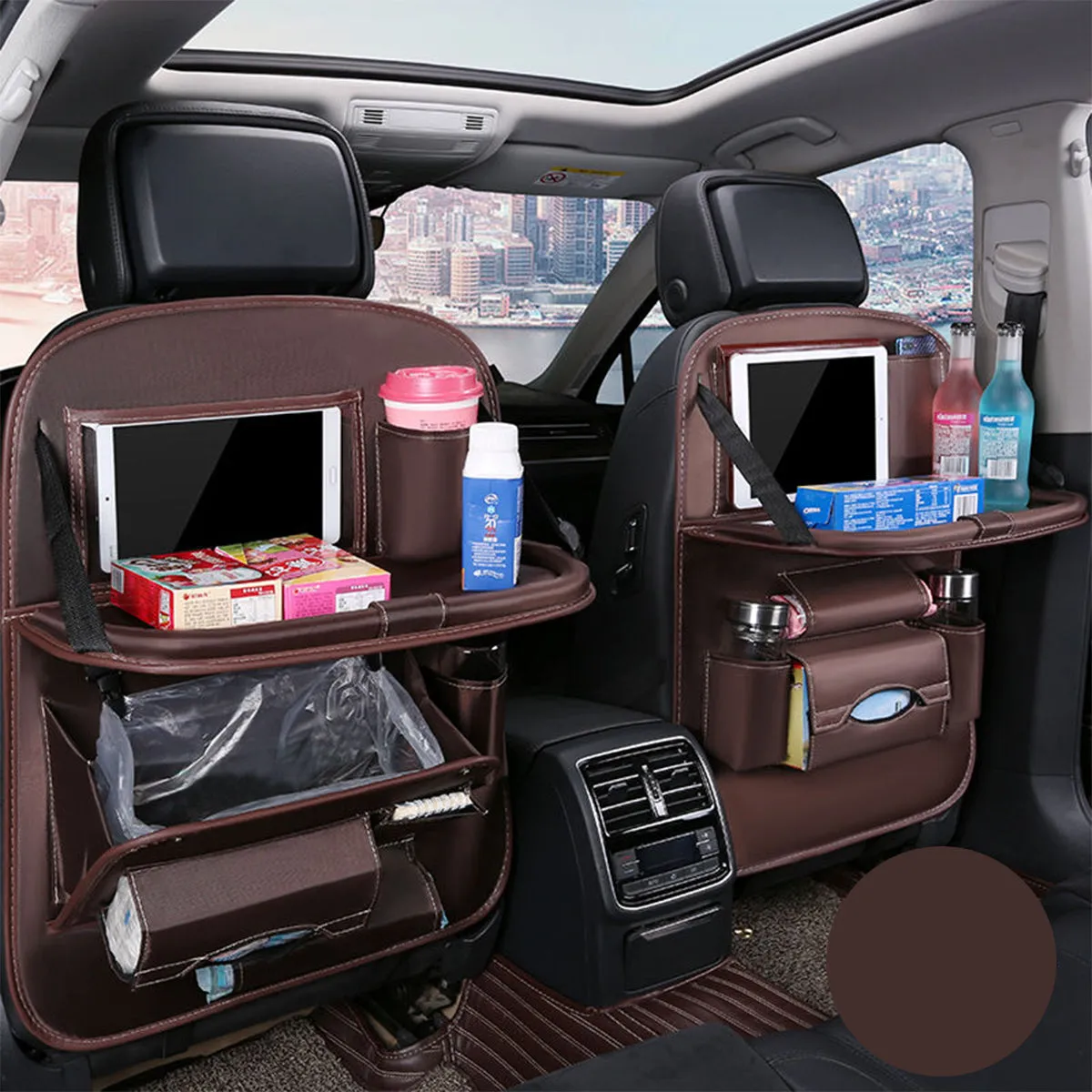 Backseat Organizer With Tablet Holder PU Leather, Custom Fit For Your Cars, Backseat Car Organizer, Car Seat Back Protectors Kick With Foldable Table Tray Car Seat Organizer, Car Accessories DE15987