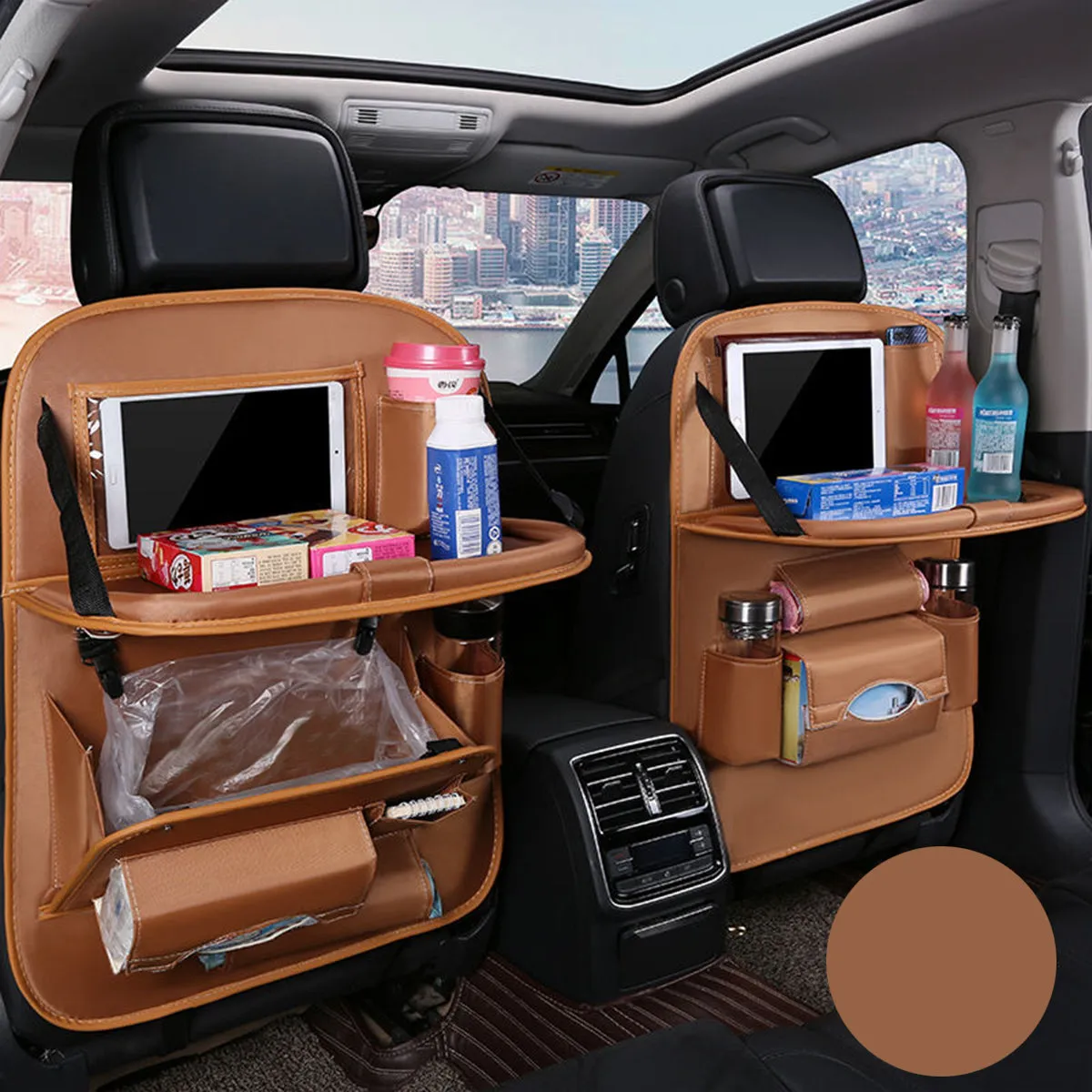 Backseat Organizer With Tablet Holder PU Leather, Custom Fit For Your Cars, Backseat Car Organizer, Car Seat Back Protectors Kick With Foldable Table Tray Car Seat Organizer, Car Accessories HY15987