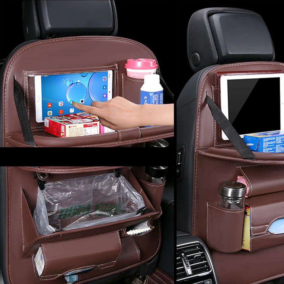 Backseat Organizer With Tablet Holder PU Leather, Custom Fit For Your Cars, Backseat Car Organizer, Car Seat Back Protectors Kick With Foldable Table Tray Car Seat Organizer, Car Accessories HY15987
