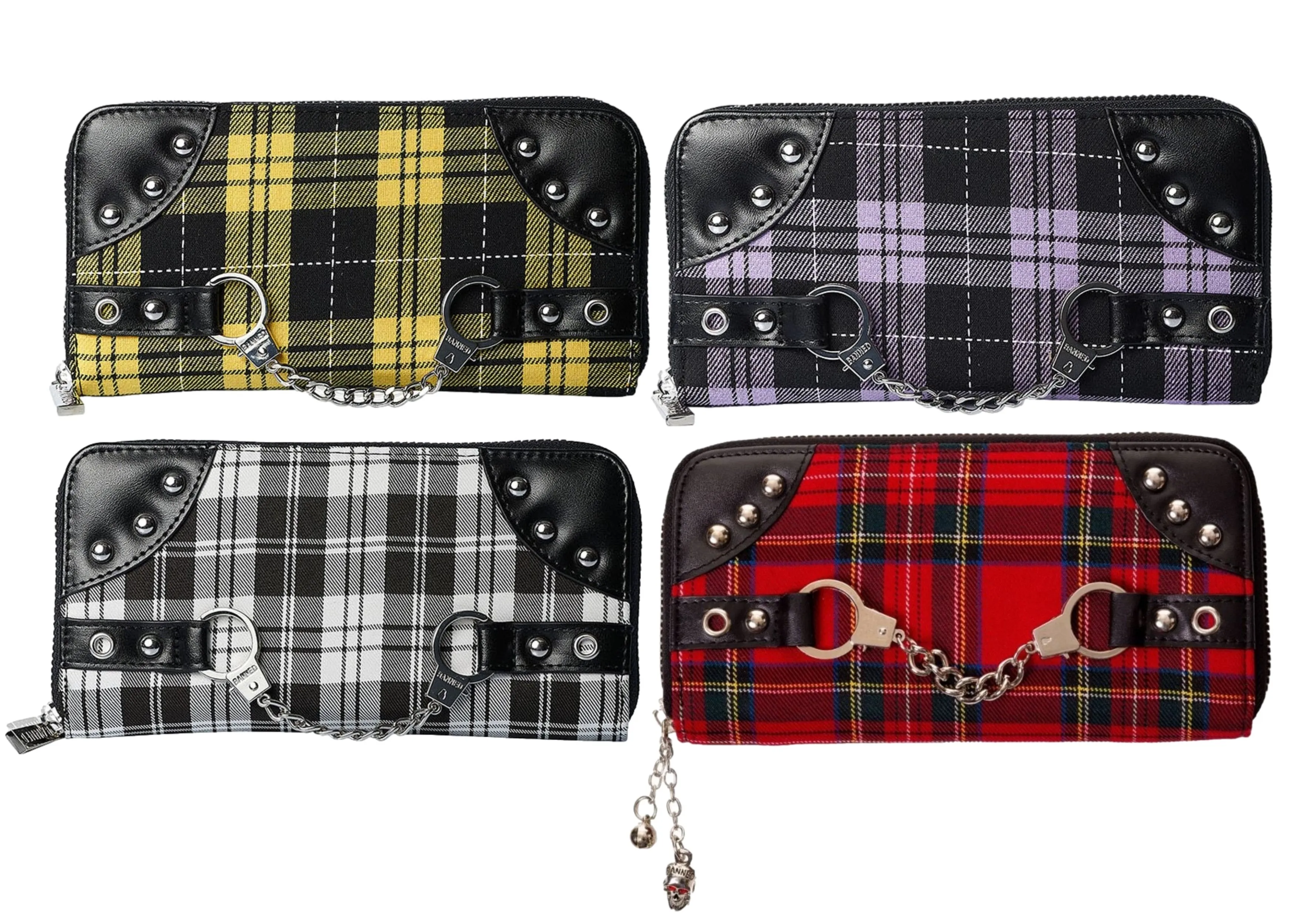 Banned Handcuff Wallet Tartan Punk Studded, Yellow