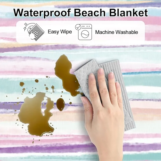 Beach Blanket Sandproof, 78”x 86” Large Beach Mat Sand Free Waterproof with 4 Pocket & Stakes, Lightweight Compact Foldable Beach Essentials for Picnic, Travel, Camping, Outdoor - Watercolor Painting