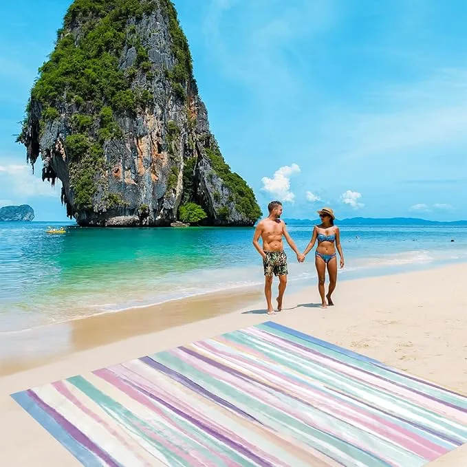Beach Blanket Sandproof, 78”x 86” Large Beach Mat Sand Free Waterproof with 4 Pocket & Stakes, Lightweight Compact Foldable Beach Essentials for Picnic, Travel, Camping, Outdoor - Watercolor Painting