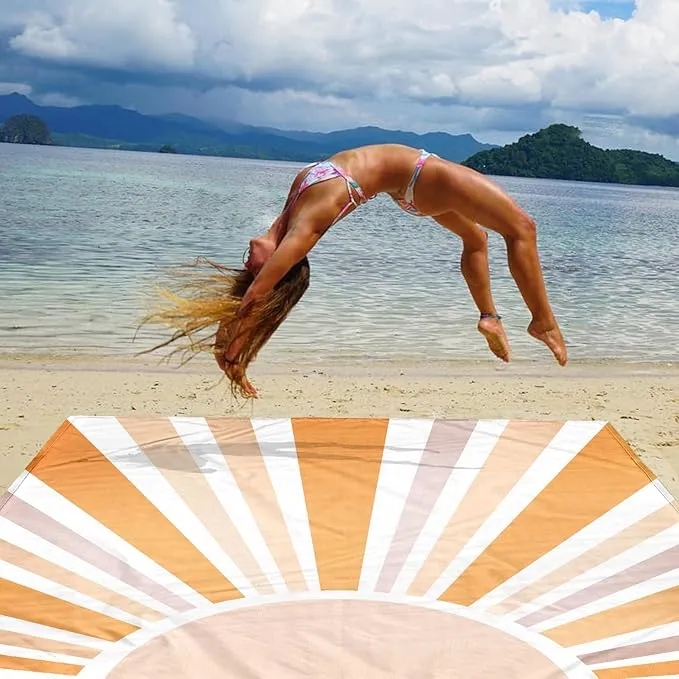 Beach Blanket Waterproof Sandproof, 78''×86'' Large Bohemian Picnic Blankets for 2-4 Adults, Lightweight & Compact 210T Polyester Beach Mat Sand Free w/ 4 Stakes & 4 Corner Pockets-Orange Sun