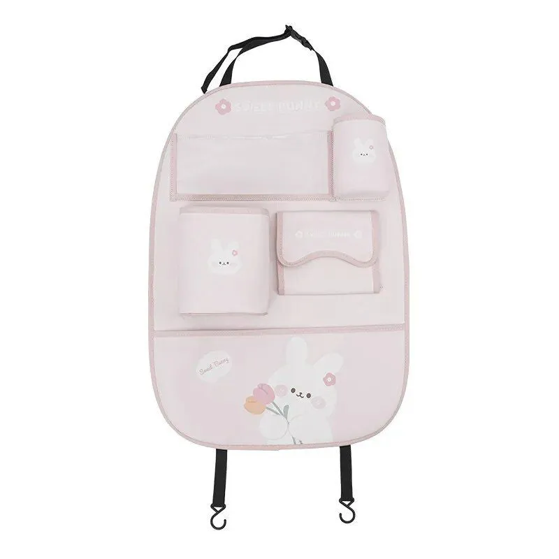 Bear-Themed Car Seat Organizer with Protective Kick Mat