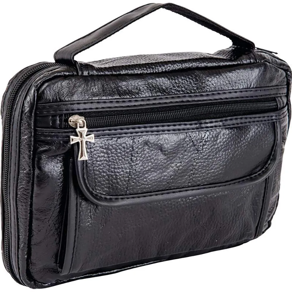Bible Cover Black Italian Stone Genuine Leather Protective Holy Book Tote Carry Case Bag