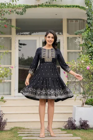 Black Ethnic Motif Printed Liva RayonDress With Doris & Tassels