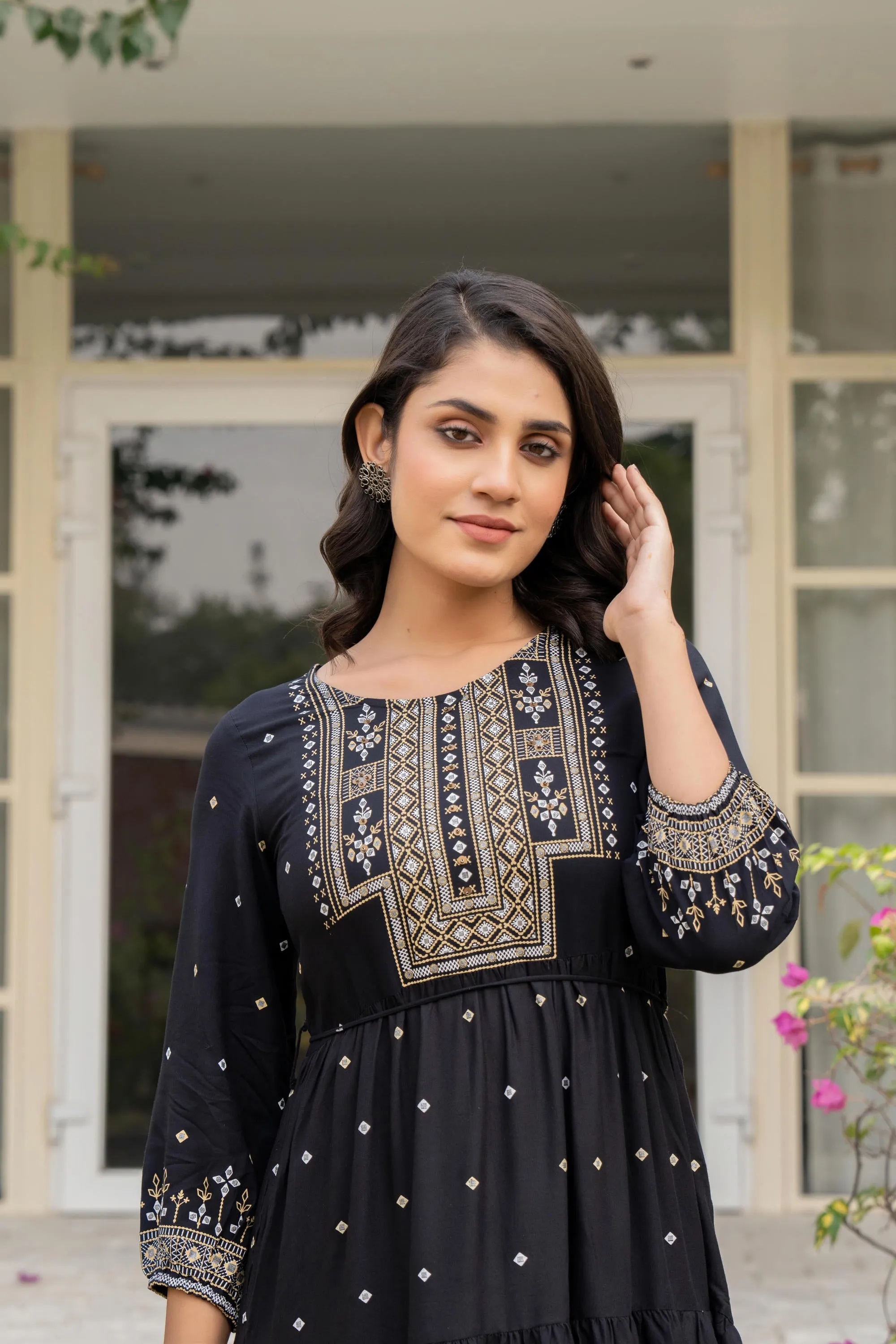Black Ethnic Motif Printed Liva RayonDress With Doris & Tassels