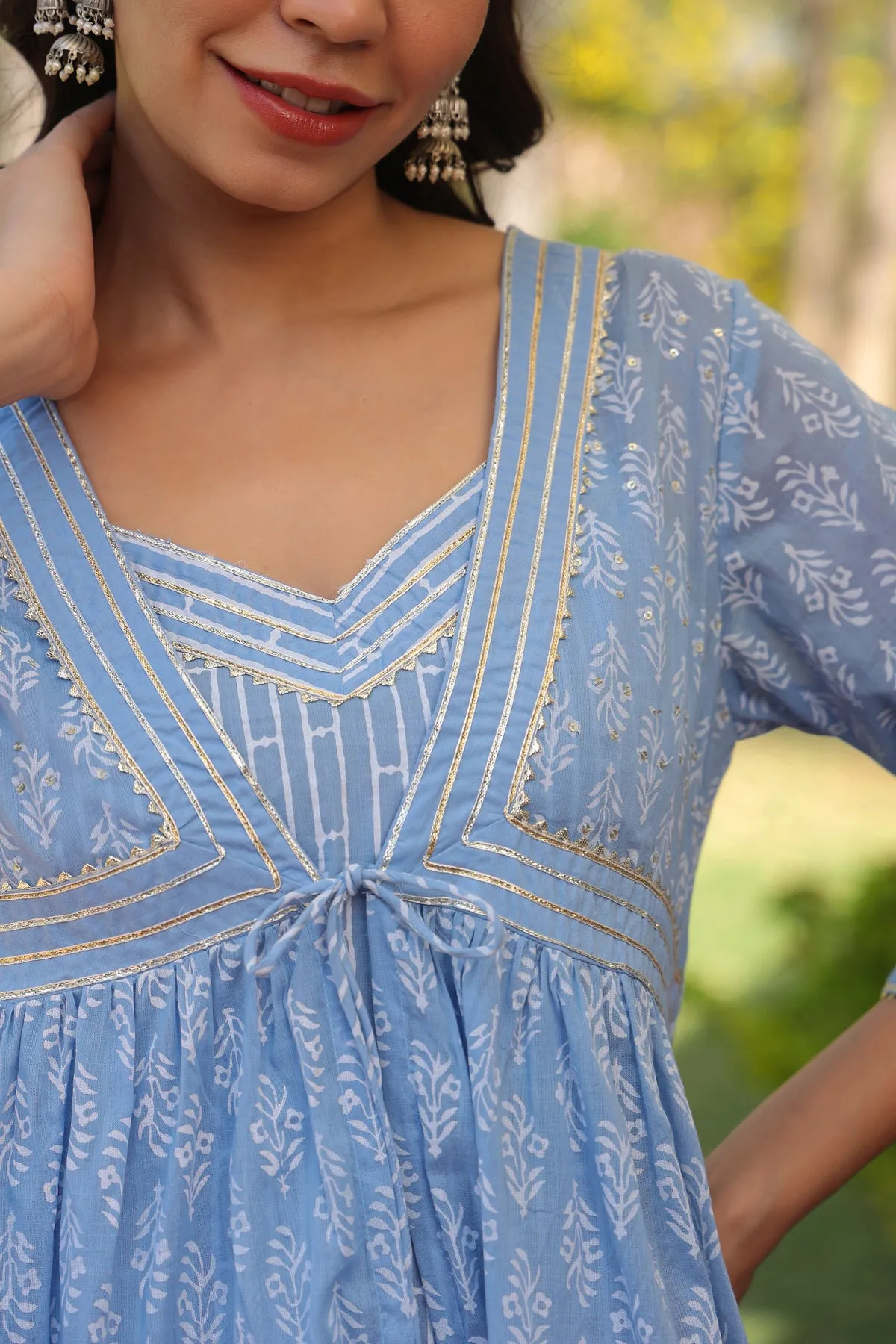 Blue Cotton Mulmul Khari Printed Shrug, Kurta & Pant Set