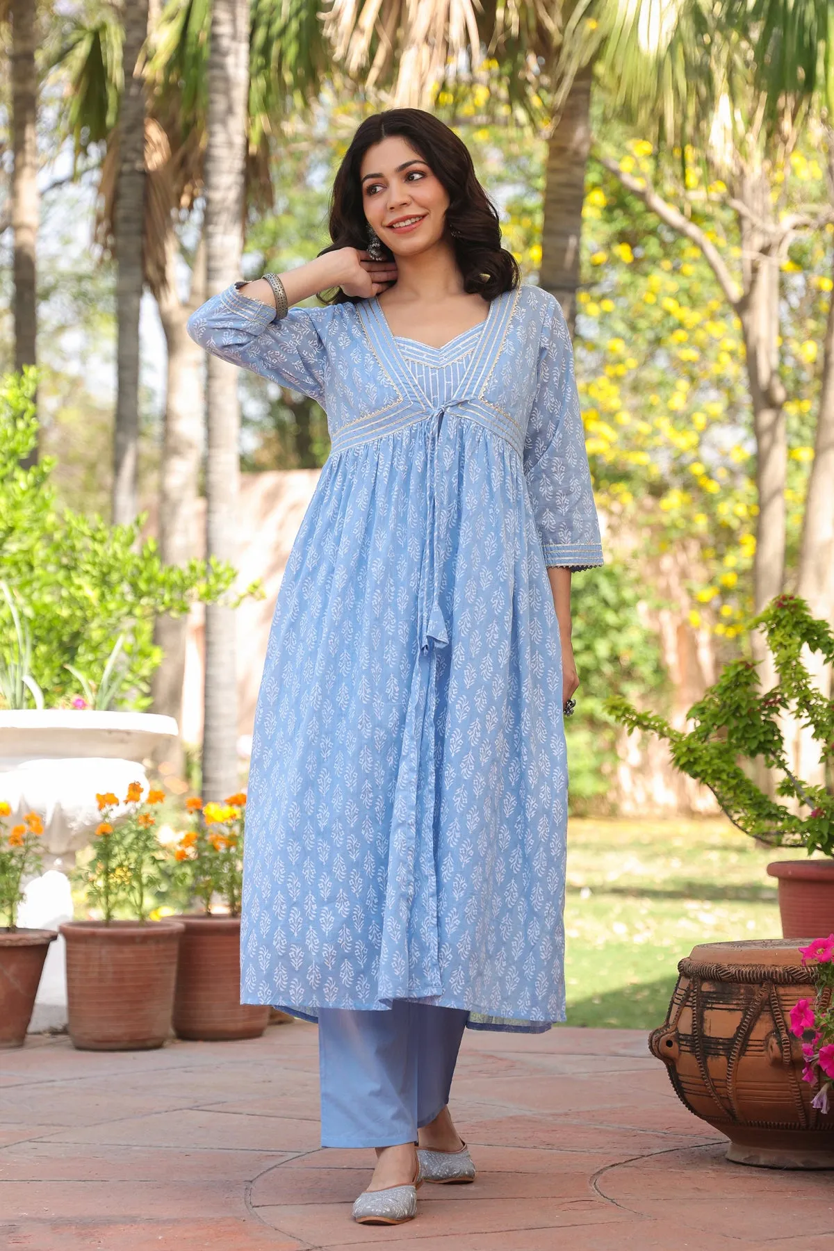 Blue Cotton Mulmul Khari Printed Shrug, Kurta & Pant Set