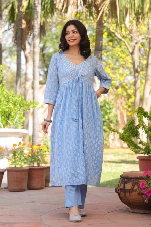 Blue Cotton Mulmul Khari Printed Shrug, Kurta & Pant Set