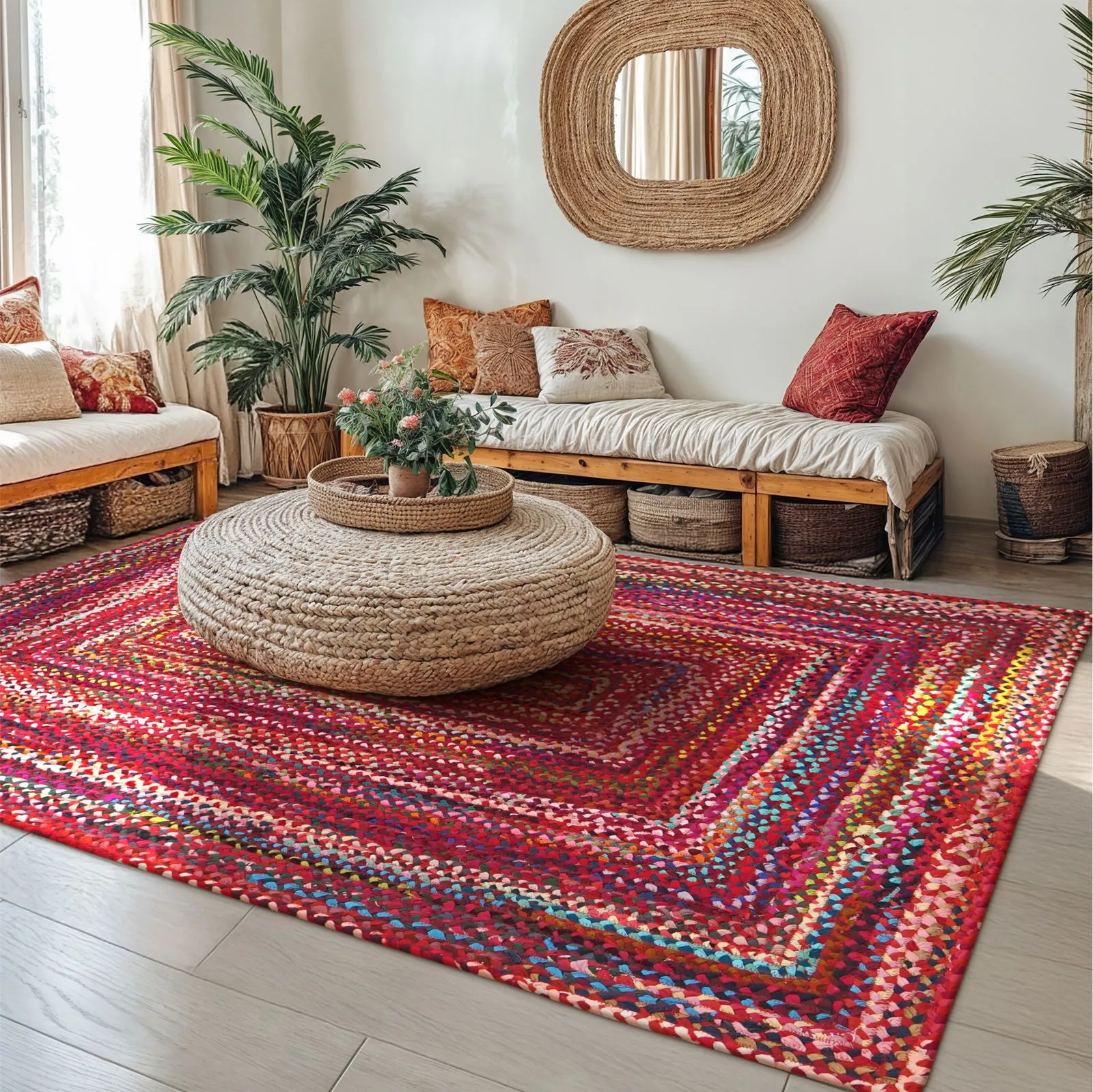Bohemian Red Polyester Braided Rectangular Rugs