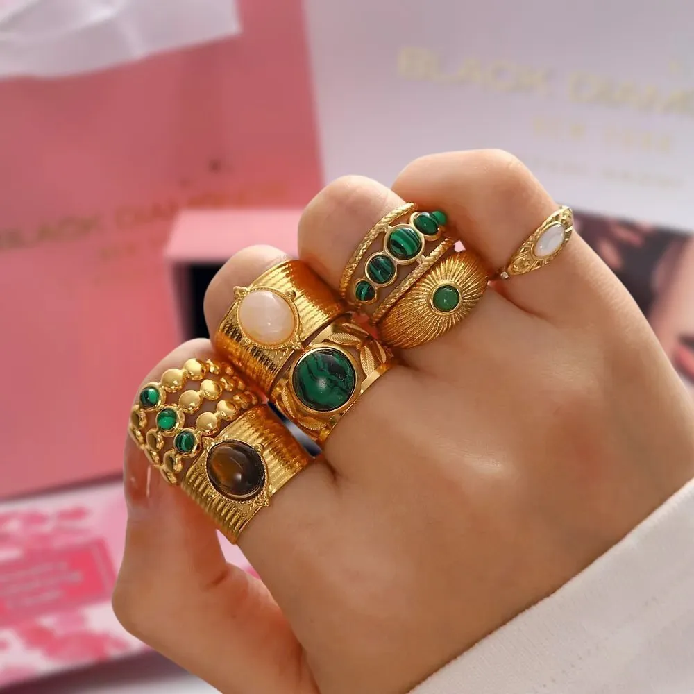 Bohemian Style Natural Stones Malachite Rings