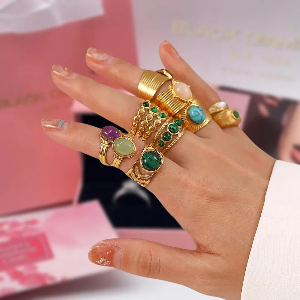 Bohemian Style Natural Stones Malachite Rings