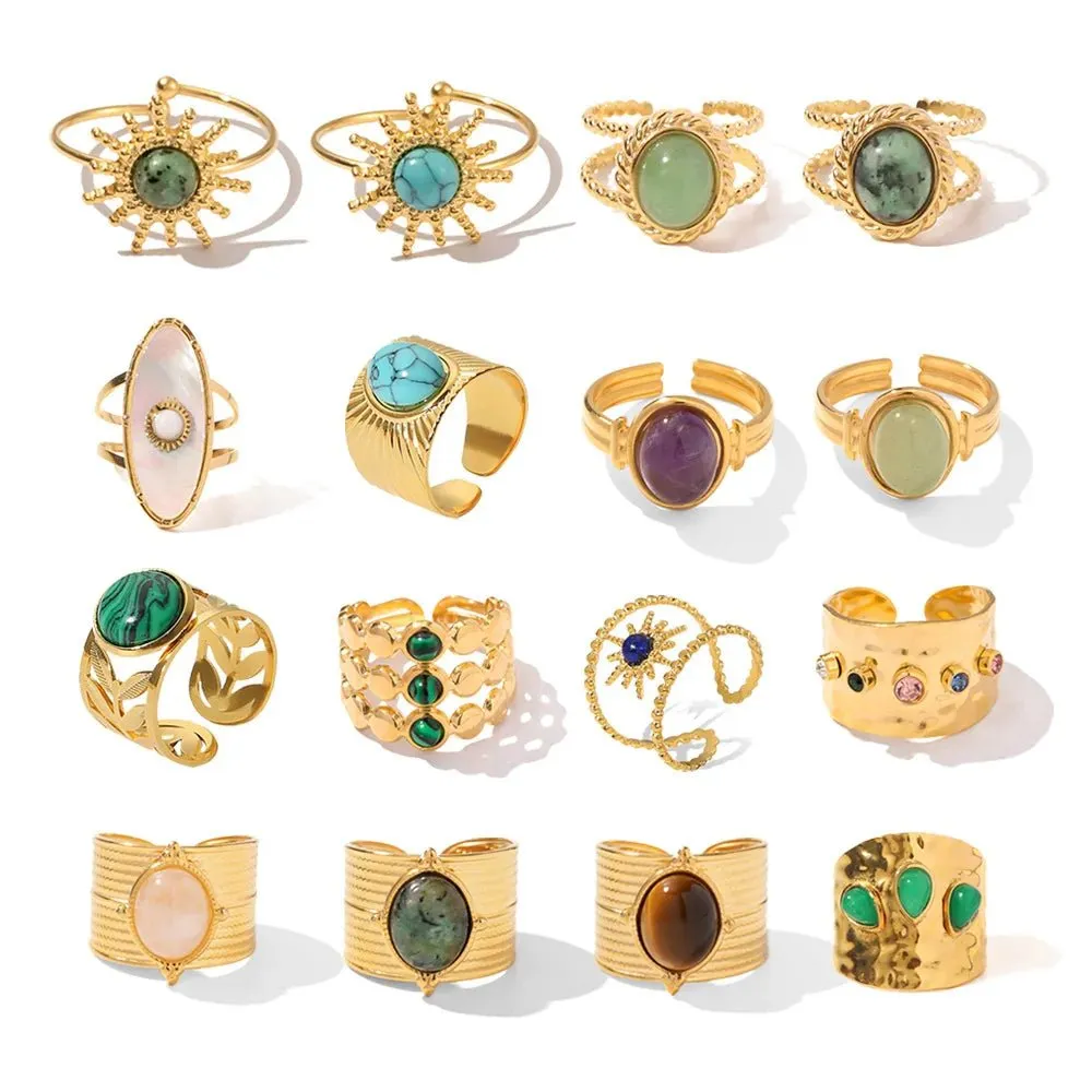Bohemian Style Natural Stones Malachite Rings