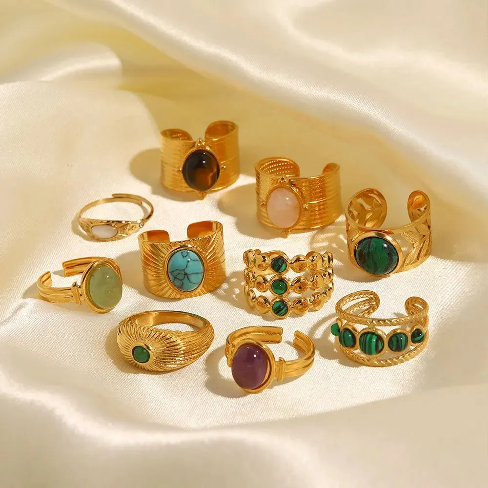 Bohemian Style Natural Stones Malachite Rings