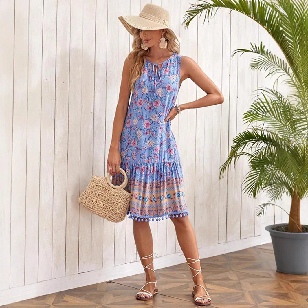 Bohemian V-neck Dress for Casual Vacation - Women's Rayon Printed Clothing
