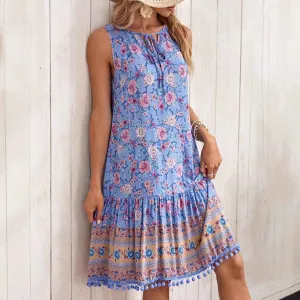 Bohemian V-neck Dress for Casual Vacation - Women's Rayon Printed Clothing