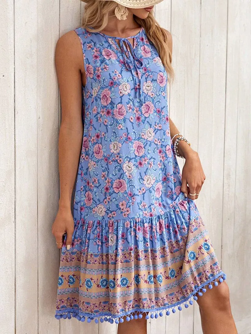 Bohemian V-neck Dress for Casual Vacation - Women's Rayon Printed Clothing
