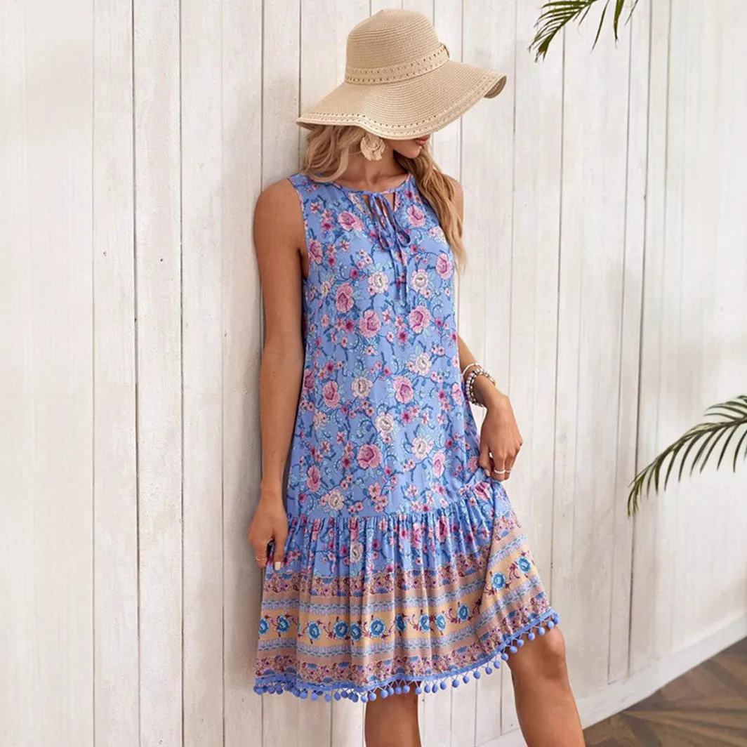 Bohemian V-neck Dress for Casual Vacation - Women's Rayon Printed Clothing