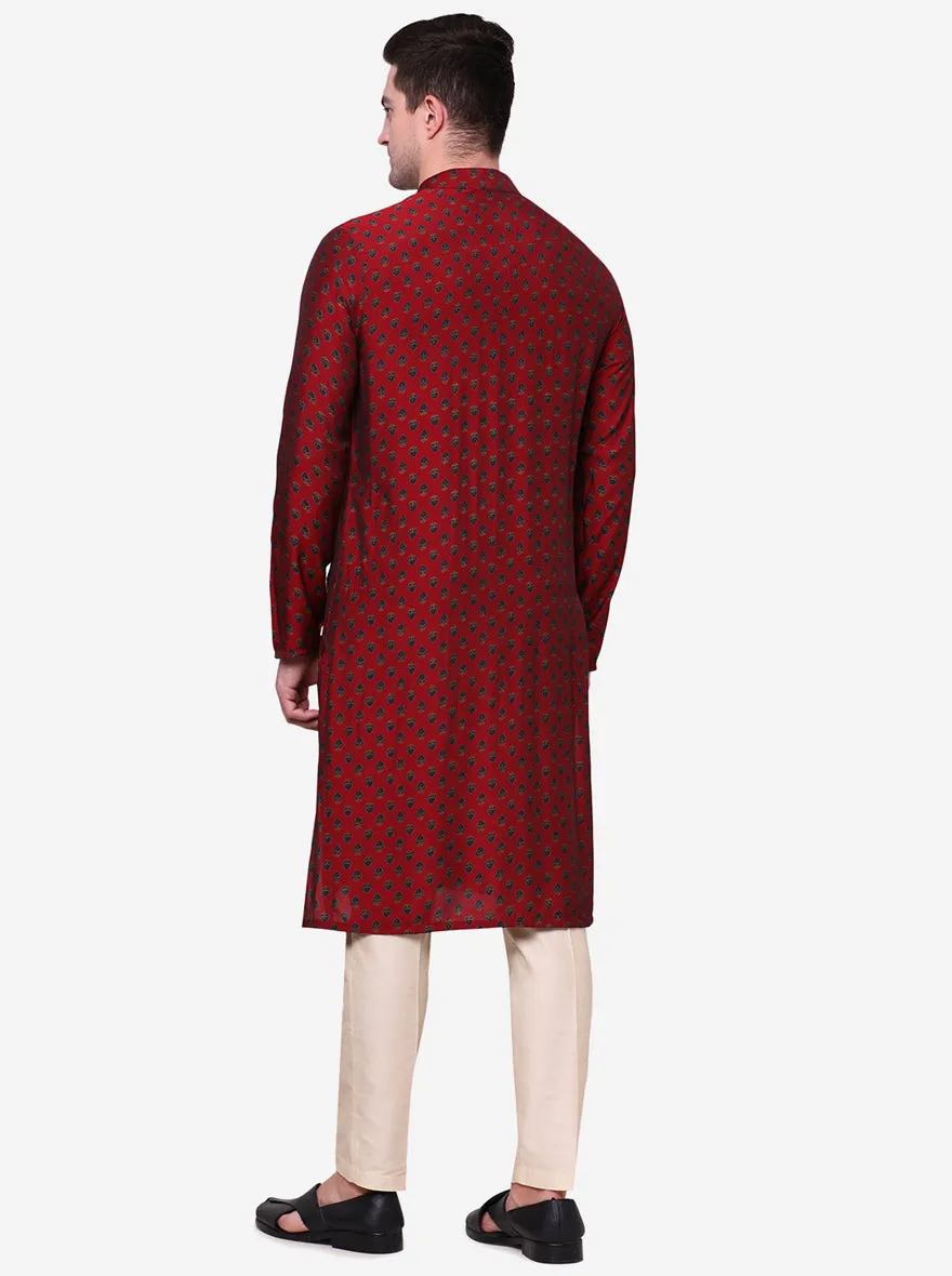 Cherry Red & green Printed Men's Kurta