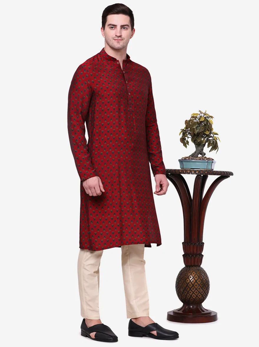 Cherry Red & green Printed Men's Kurta