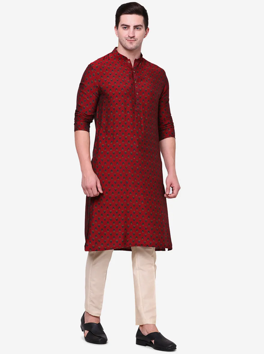 Cherry Red & green Printed Men's Kurta