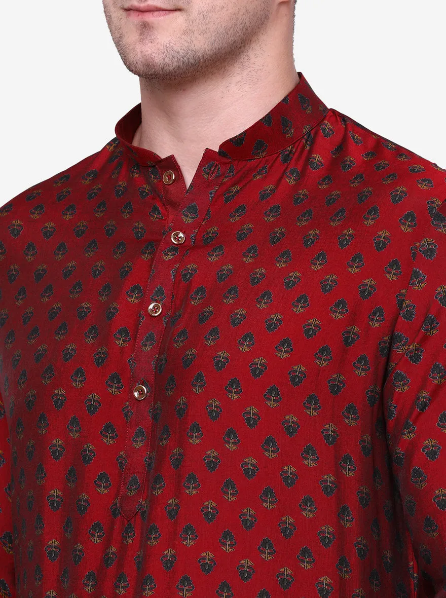 Cherry Red & green Printed Men's Kurta