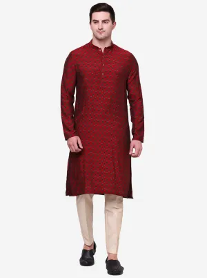 Cherry Red & green Printed Men's Kurta