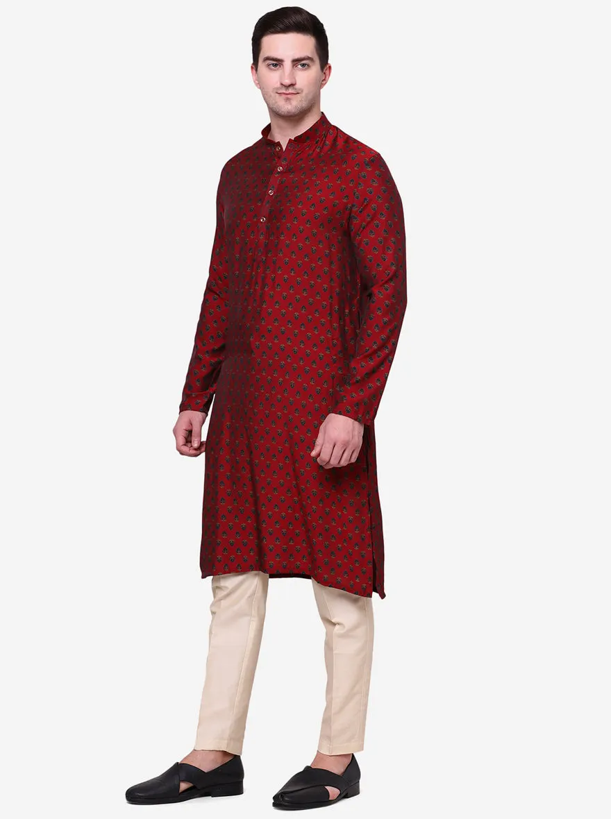 Cherry Red & green Printed Men's Kurta