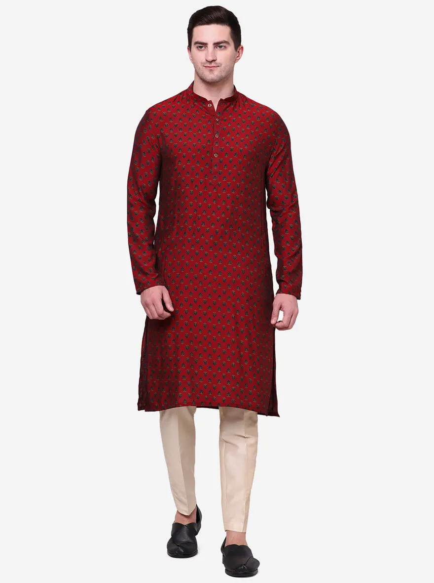 Cherry Red & green Printed Men's Kurta